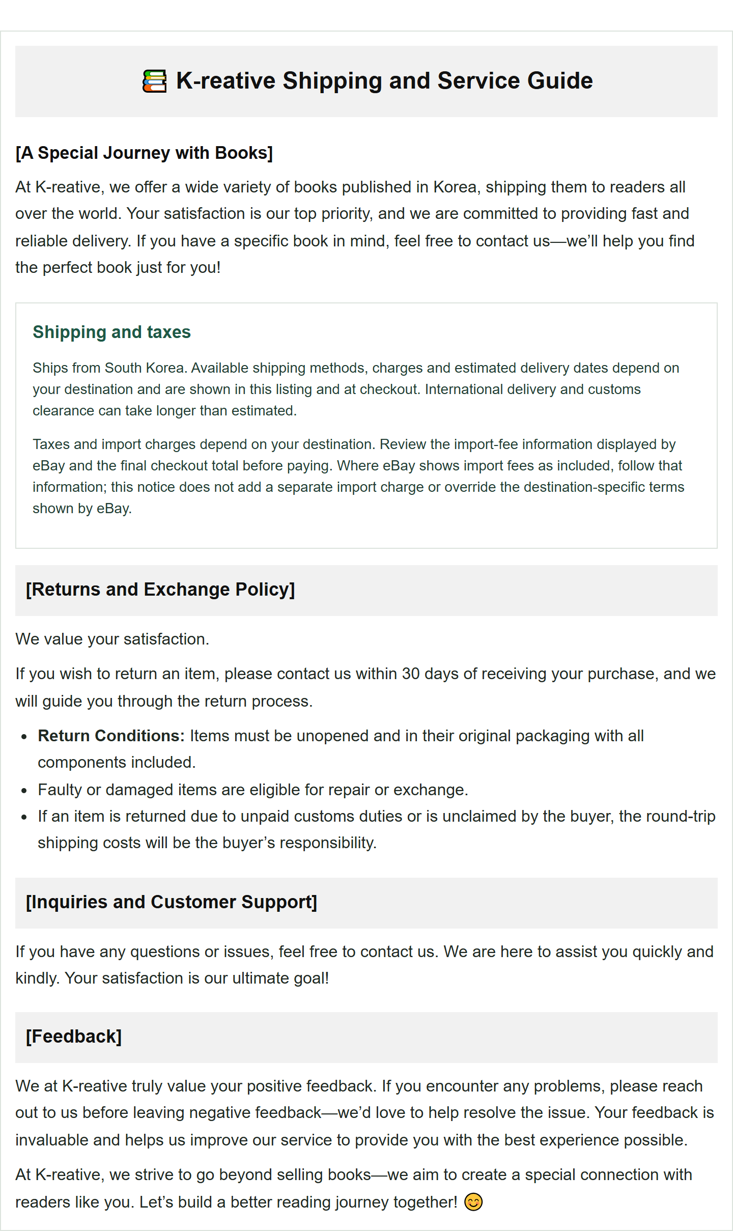 K-reative shipping and customer service information
